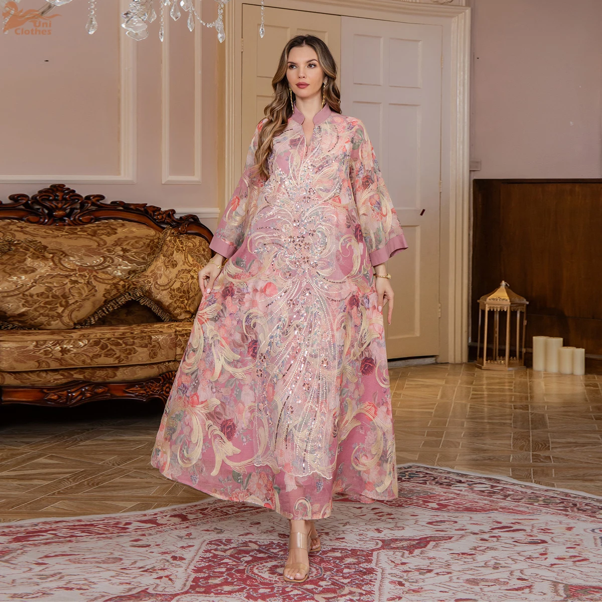 

Uni Dubai Роскошное платье Абая с цветочным принтом Мусульманское лоскутное платье с блестками Марокканская женская одежда