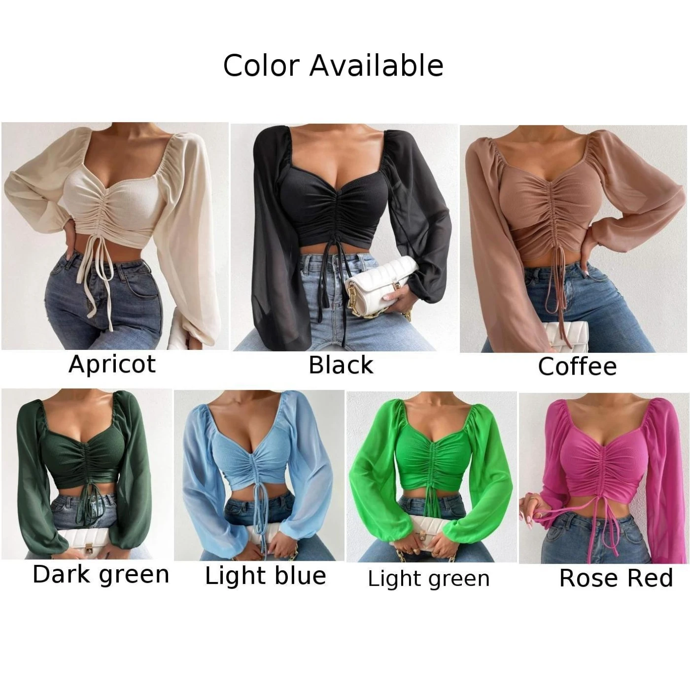 Sexy Summer Chiffon Blouses Women Solid Color Streetwear Puff Sleeve V-Neck Drawstring Hot Tees Crop Tops Blouse Female Clothing