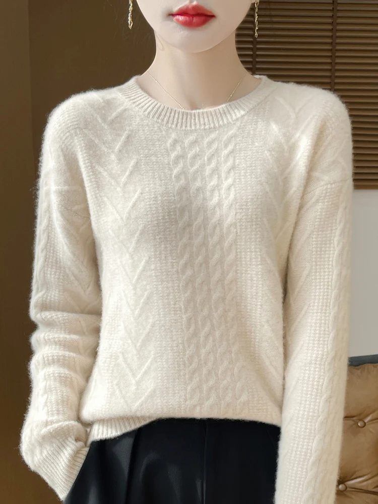 Women's Thickened 100% Pure Wool O-neck Twist Flower Pullover Knitted Swearter For Autumn Winter Underneath  Cashmere Swearters