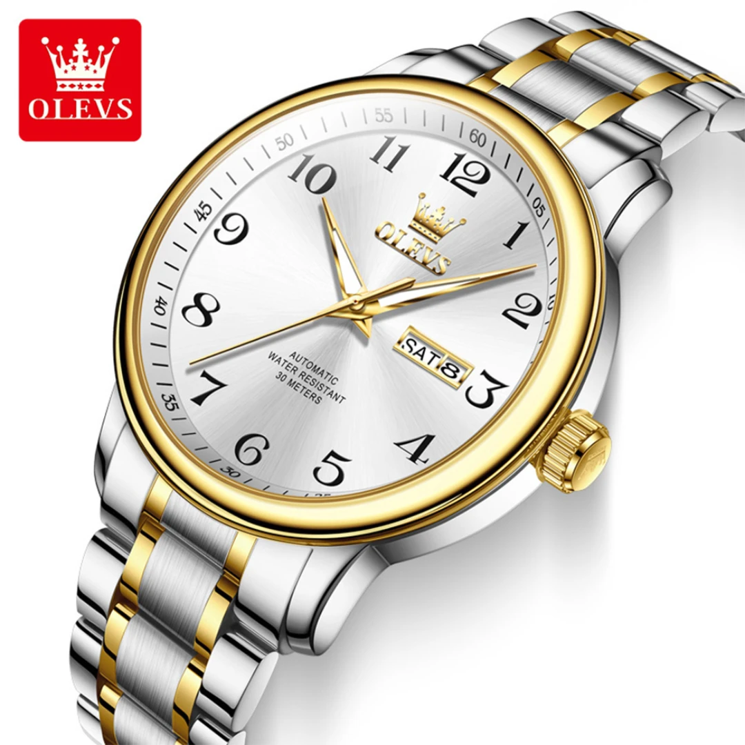 

Классические механические часы OLEVS 7072, подарок, круглый циферблат, ремешок для часов из нержавеющей стали, наручные часы, календарь с дисплеем недели
