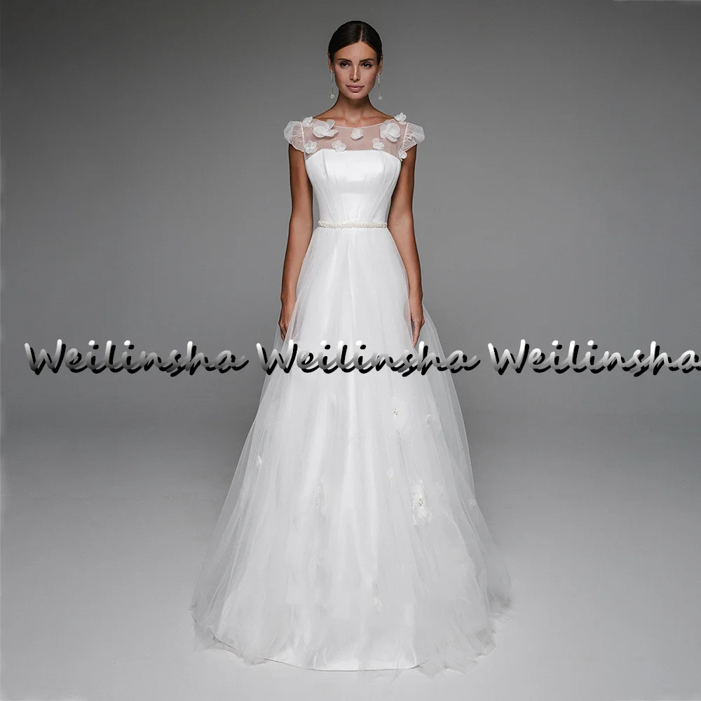 Weilinsha-Robe de mariée en tulle avec ceinture perlée pour femme, à lacets dans le dos, avec fleurs 3D, pour fête, été, 2022