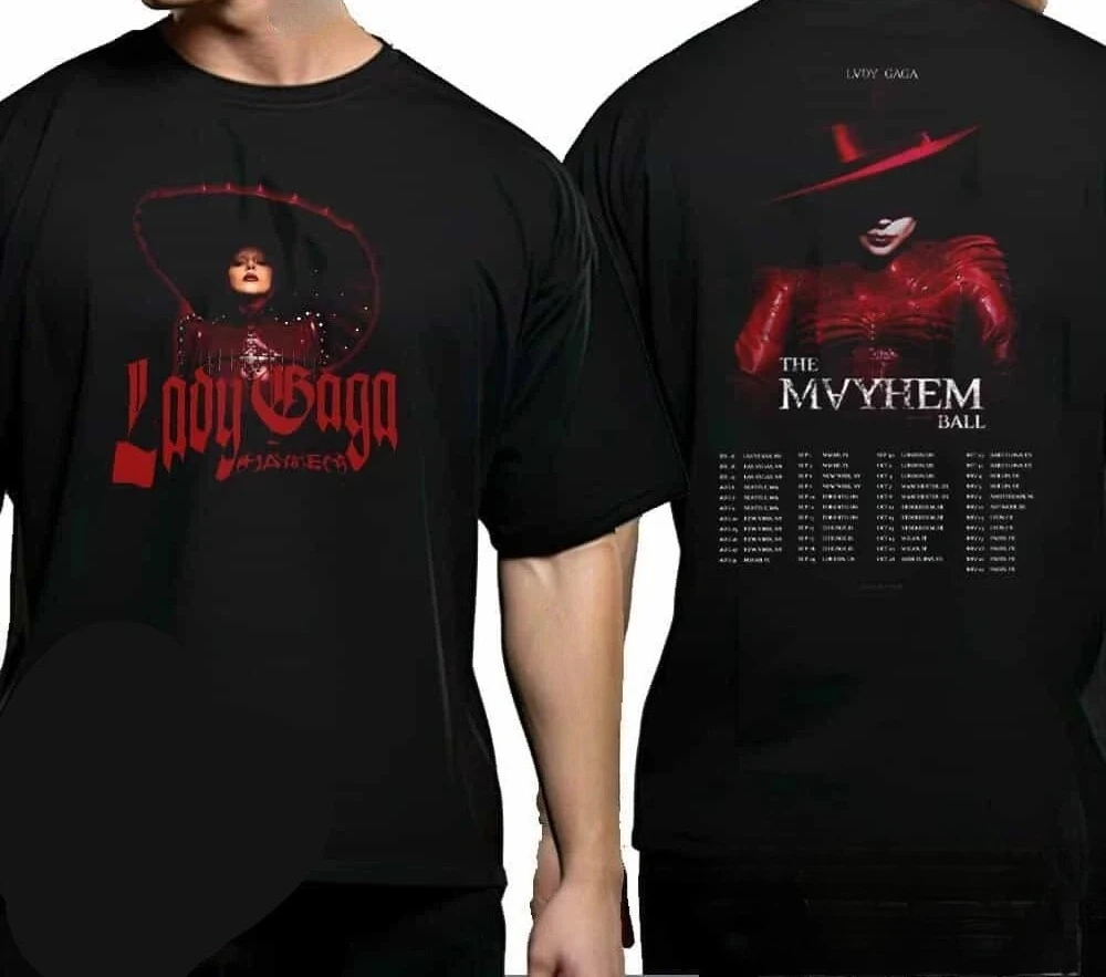 ليدي غاغا الفوضى الكرة جولة تي شيرت خمر موضة المرأة القطن تي شيرت المتضخم الجولة الرقبة المحملة Harajuku Y2k بلايز الرجال الملابس