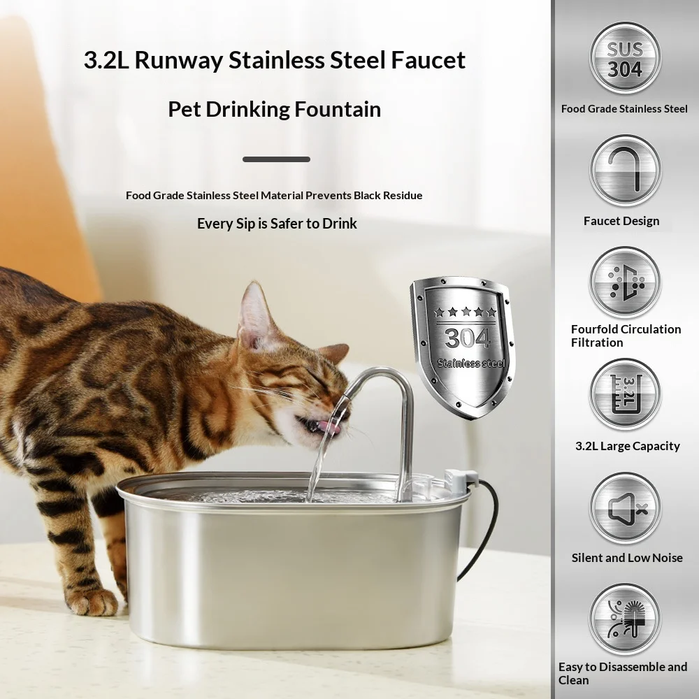 

New 3.2L Food-Grade Stainless Steel Pet Water Fountain, Automatic Circulating Filter Cat Water Dispenser for Indoor Pets
