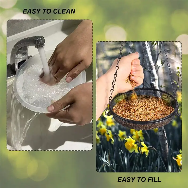 DT15 Hanging Bird Bath Wildlife Feeder Plate, 2-in-1 Garden BirdBath Tray for Outdoor, Metal Mesh with Drainage, Easy Clean