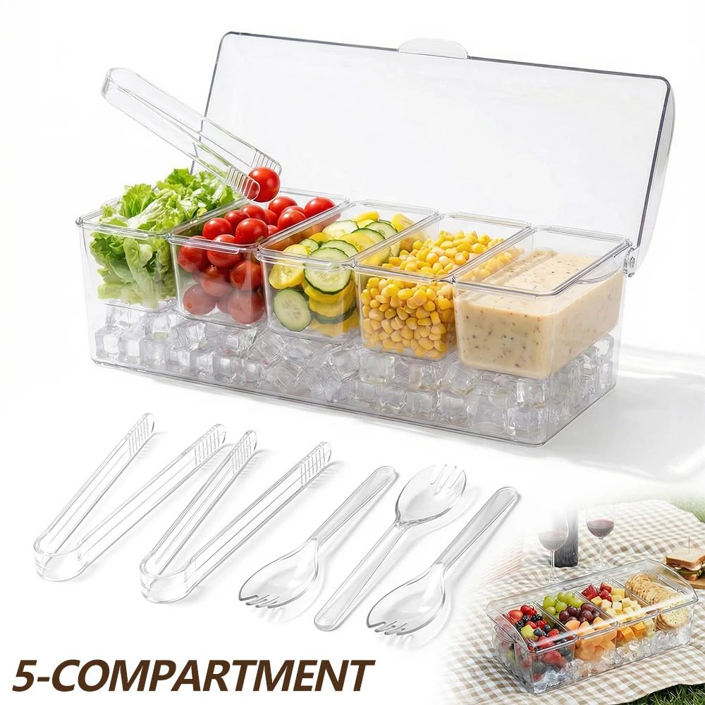

5 Compartment Seasoning Case Transparent Ice Chilled Condiment Caddy with 3 Spoon and 3 Tong Bar Accessories for Fruit and Salad