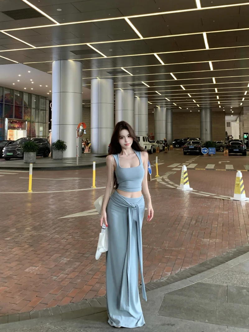

Gray Square Collar Slim Fit Short Vest Women's Summer Hot Girl Set Belt Draped Wrap around Skirt Two Piece Set