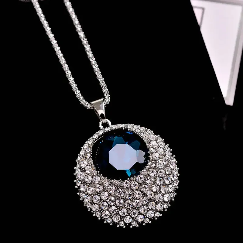 Shining Crystal Round Water Drop Heart Sweater Long Necklaces for Women 2024 Winter Trendy Korean Pendant Geometric Jewelry