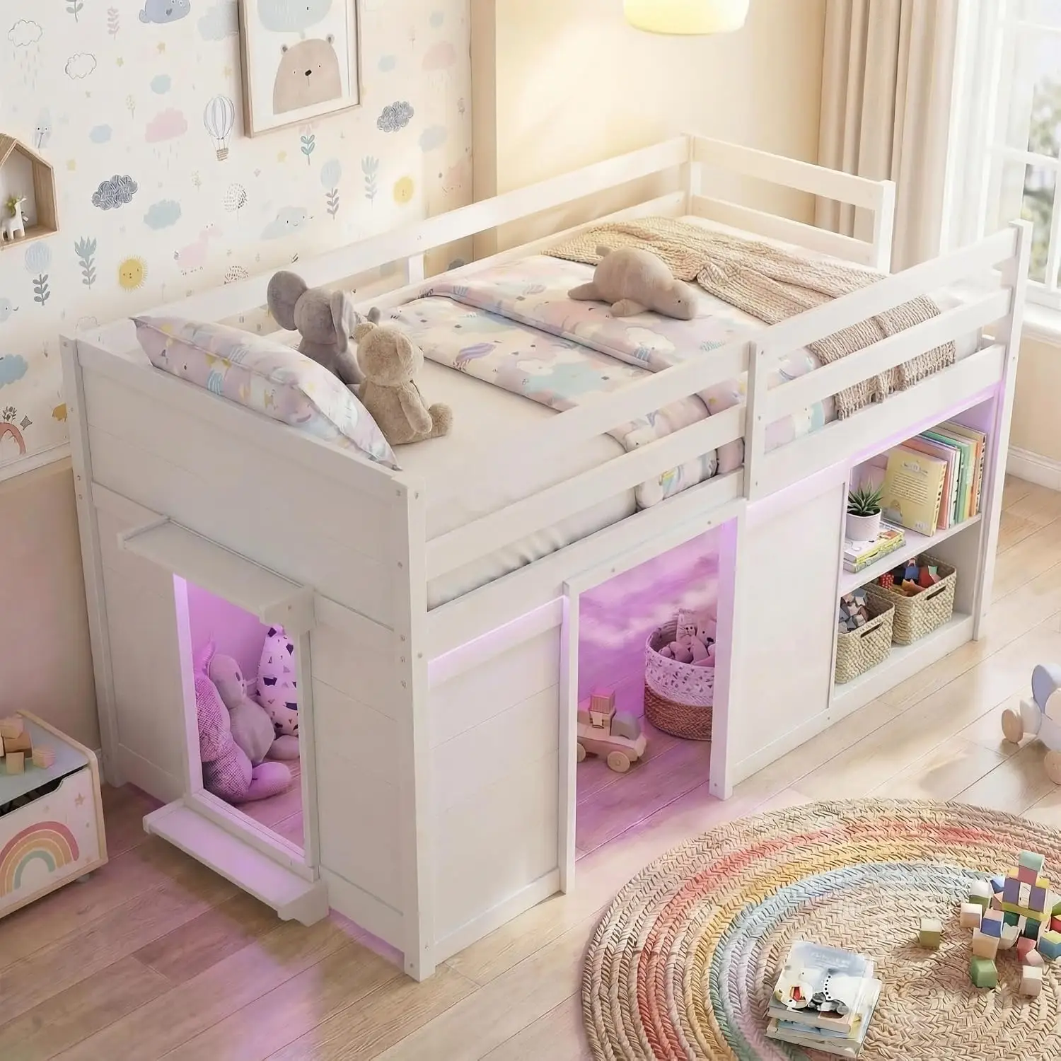 Twin Low Loft Bed with LED Lights, Wooden Frame, Guardrails, Ladder & Storage Shelves, Under-Bed Space for Kids, No Box Spring N