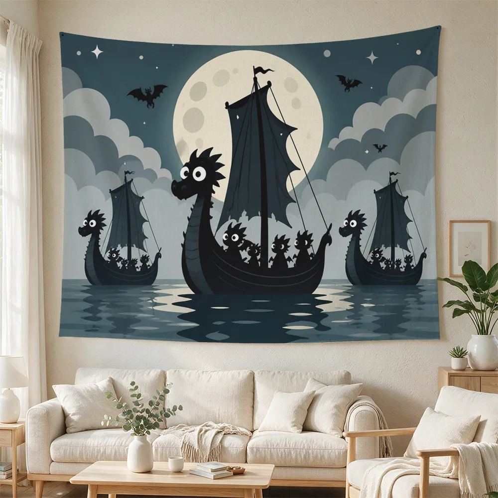 Nautical Pirate Ship Under Full Moon Tapestry Wall Hanging Bohemian Ocean Decor for Living Room Bedroom