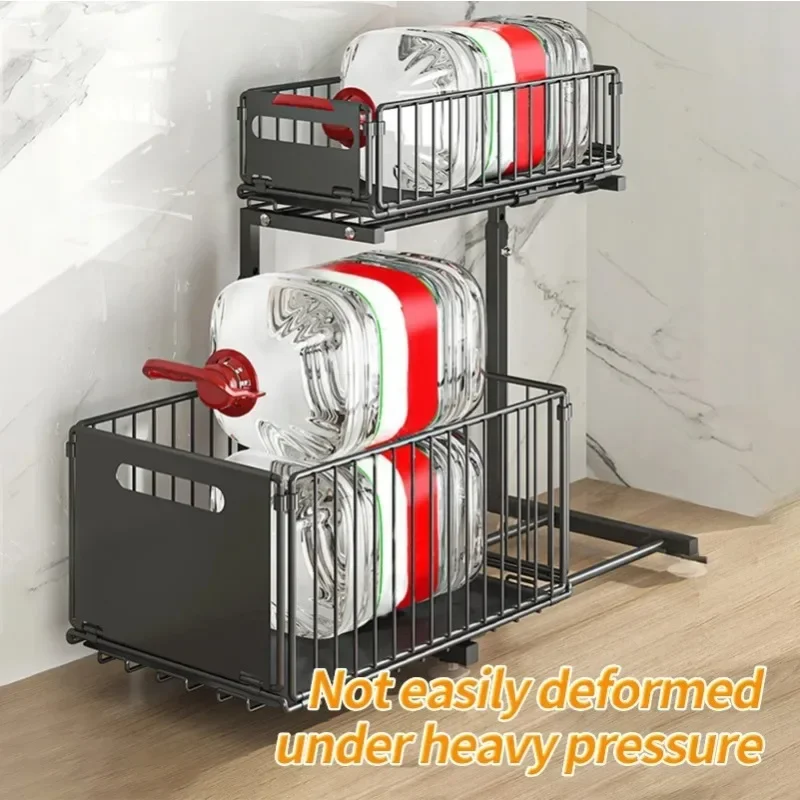 Adjustable Height Household Cabinet Basket, Double Drawers, Sliding Sink Storage Rack, Space Saving Kitchen Storage Rack - view 6