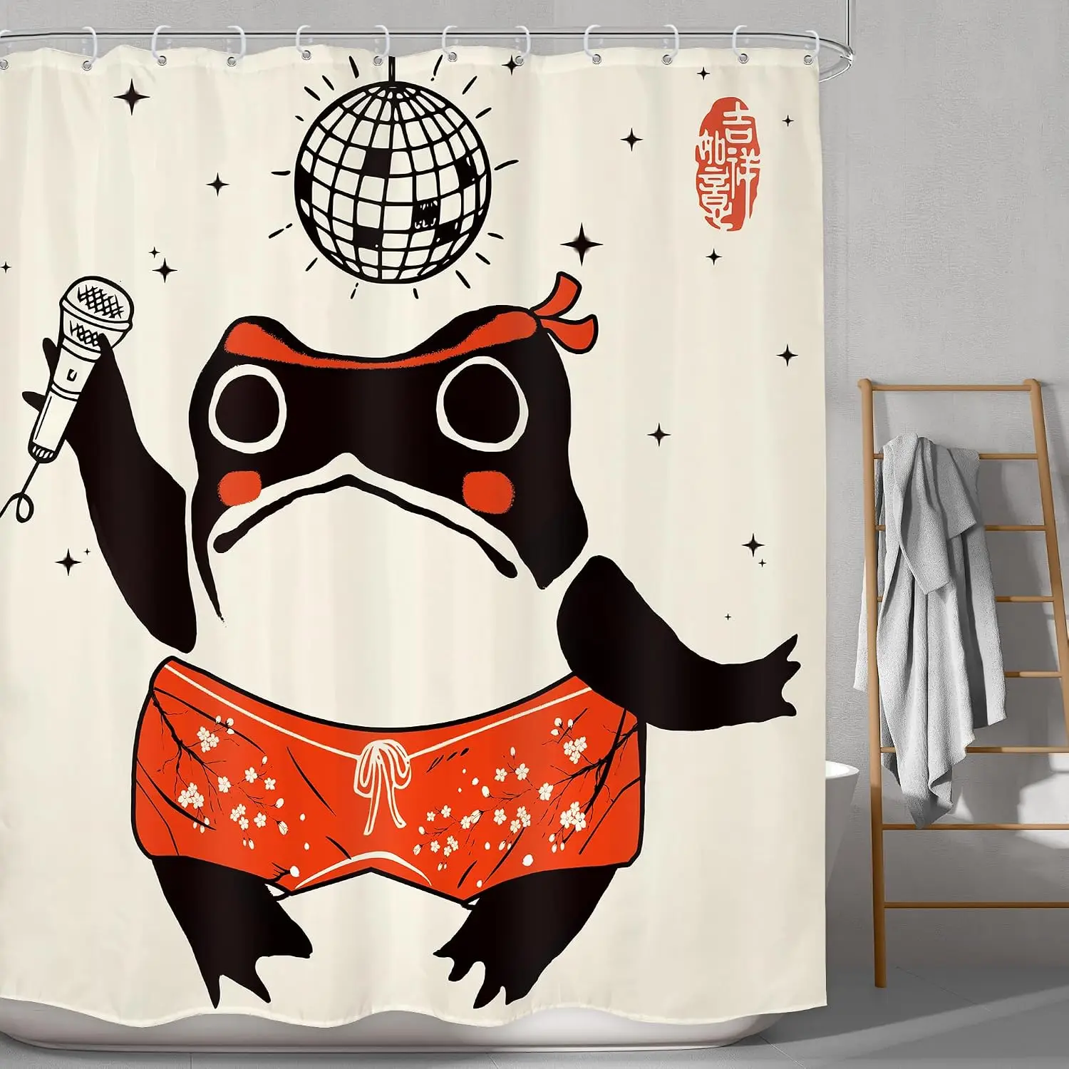 Cute Singing Frog Disco Ball Chinese Style Waterproof Washable Shower Curtain Home Bathroom Decor Privacy Bath Curtain