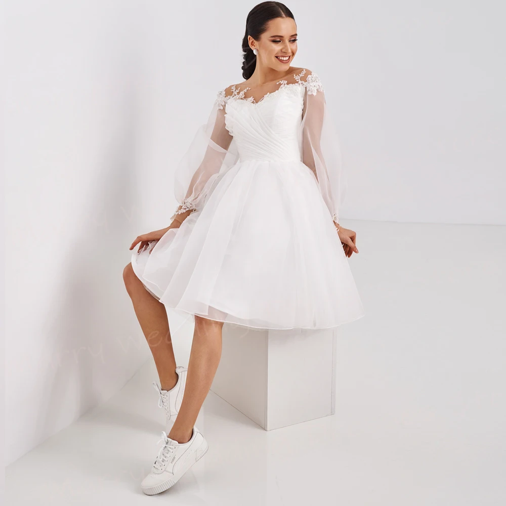 New Short Elegant A Line Women's Wedding Dresses Modern Appliques Lace Up Bride Gowns Pretty Long Puff Sleeve Vestidos De Novia