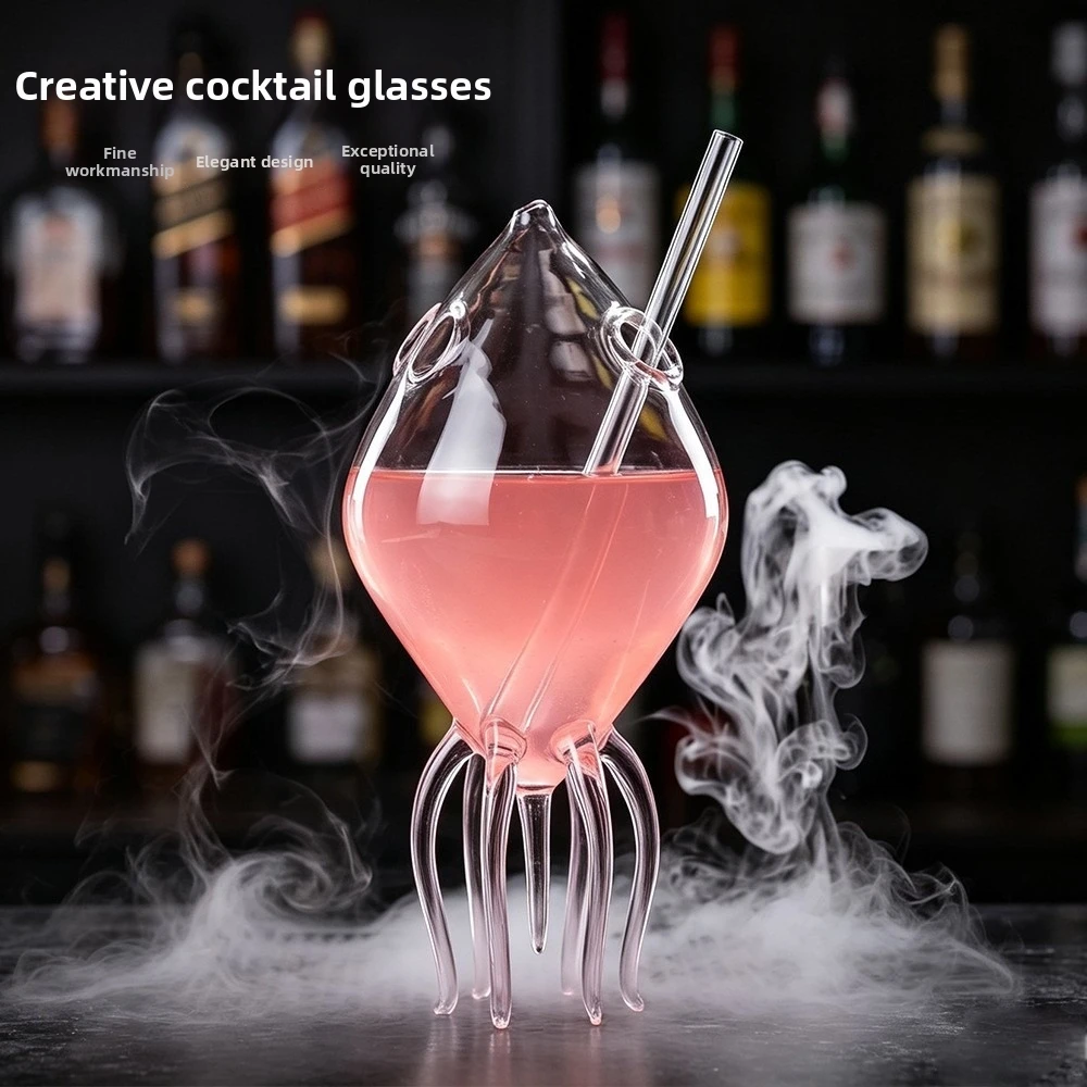 Glass Squid Shape Cocktail Glass With Straw Creative Design Whiskey Glass Large Capacity Animal Shape Beverage Cup Drinking Use