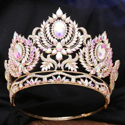 Royal Queen AB Color Crystal Wedding Crown Large Diadem Rhinestone Tiaras Circle Pageant Headdress Bridal Jewelry Head Ornaments
