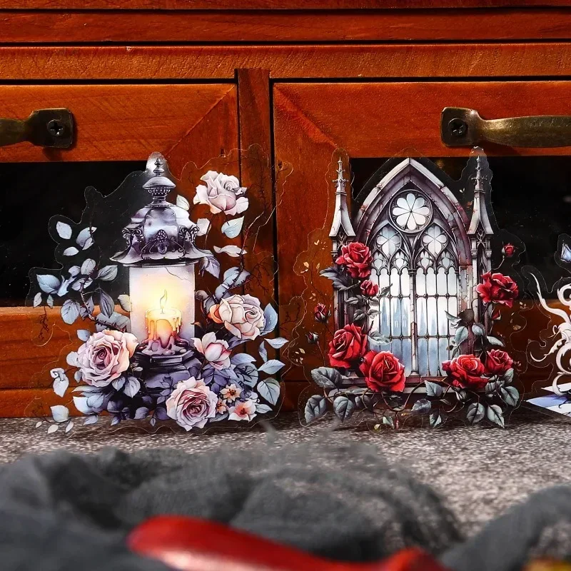 16pcs Sticker Floral Wuthering Manor Material Bright DIY School Scrapbook Cut 153*98mm Retro Gothic Art PET Handbook