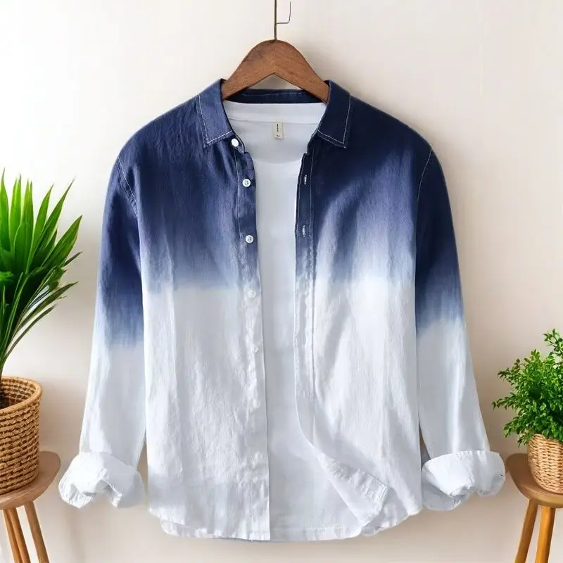 New Men Ombre Blue Long Sleeve Shirt Slight Stretch Casual Versatile Jacket Top