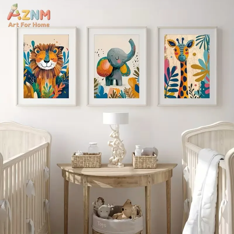 3PCS Nursery Safari Animal Canvas Wall Art Set Lion Elephant and Giraffe Watercolor Prints Posters Colorful Boho Jungle Style Un