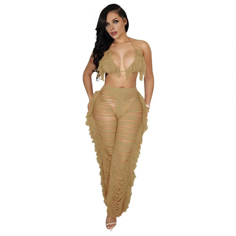 Knit Pants Halter Top Set Stylish Women\'s Beach Vacation Crop Top Pants Set with Tassel Detailing Lace-up Halter Neck High Waist