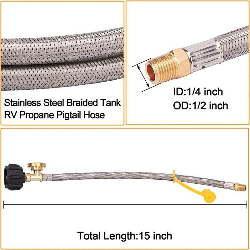 2 Pack 15 Inch RV Propane Hose With Gauge For 5-40Lb Tanks - Stainless Braided Propane Hose Quick Connect