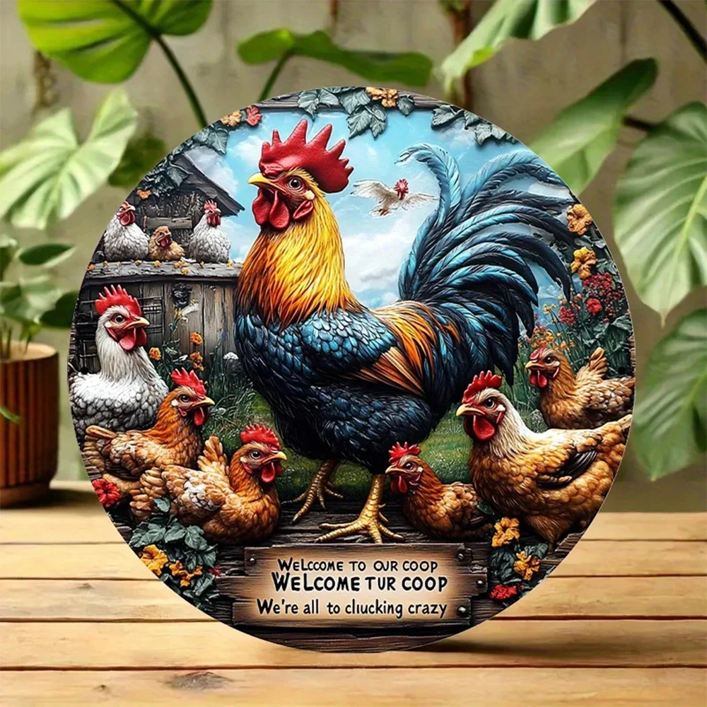 [2D Flat] 1 Piece Country Farmhouse Rooster Tin Artwork - Aluminum Wall Decoration Featuring Buffie Farm and Hens, a Vibrant Henhouse Scene with a Sense of Movement