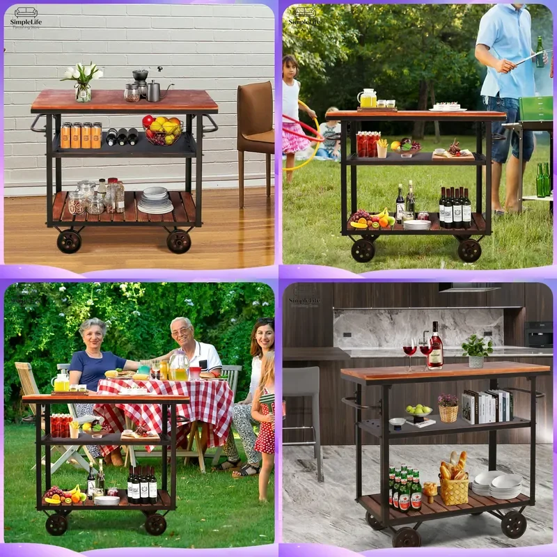 Industrial Style Mobile Kitchen Cart with 3-Tier Storage Rack Rolling Trolley for Cooking Prep Serving and Restaurant Use