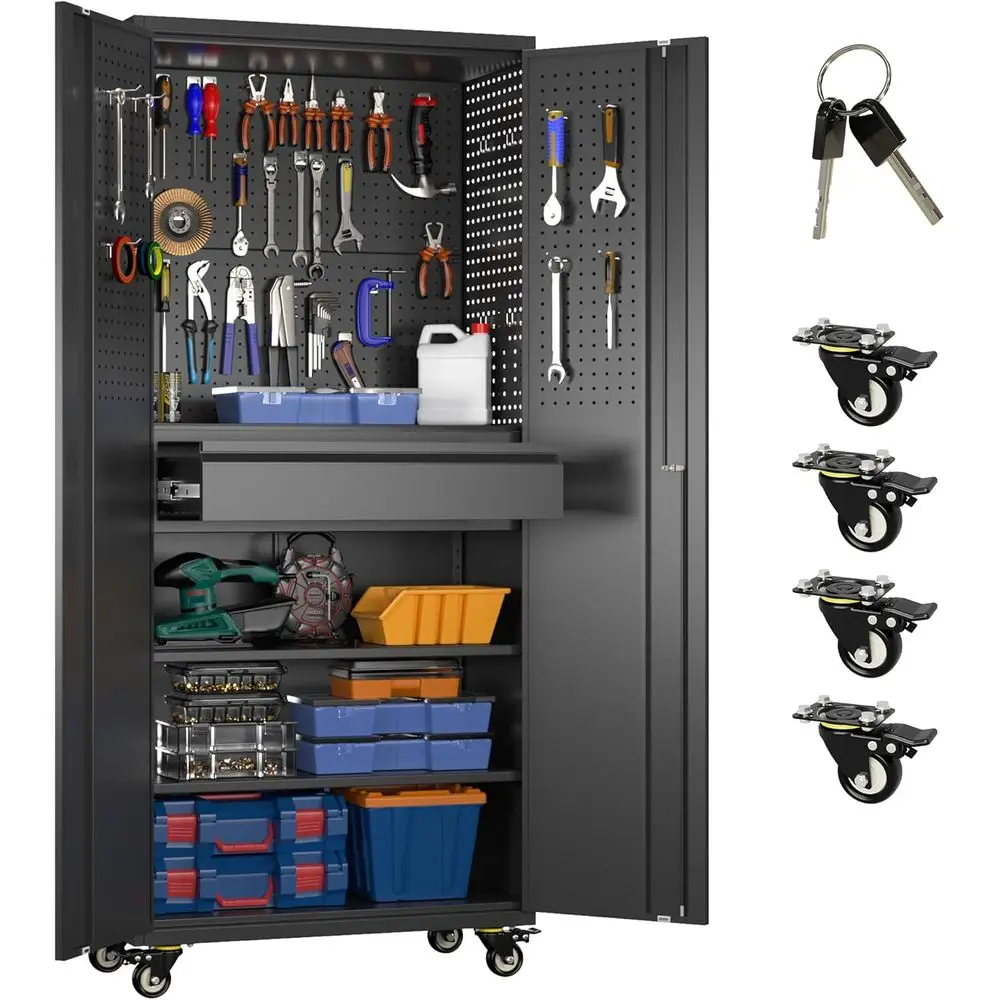 

71 High Metal Storage Cabinet on Wheels, 5 Pegboards, 1 Drawer, Lockable, Ideal for Garage or Warehouse, Black