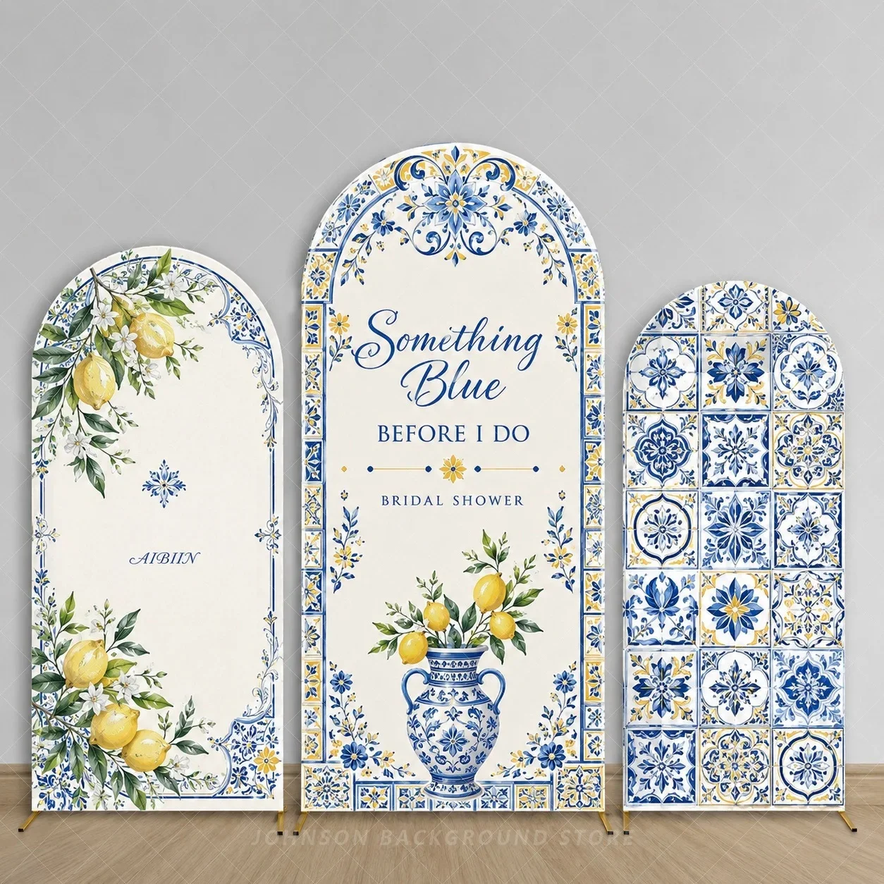 Mediterranean Lemon Arch backdrop Cover Set Italian Amalfi Coast Bridal Shower background with Blue Tile Design background