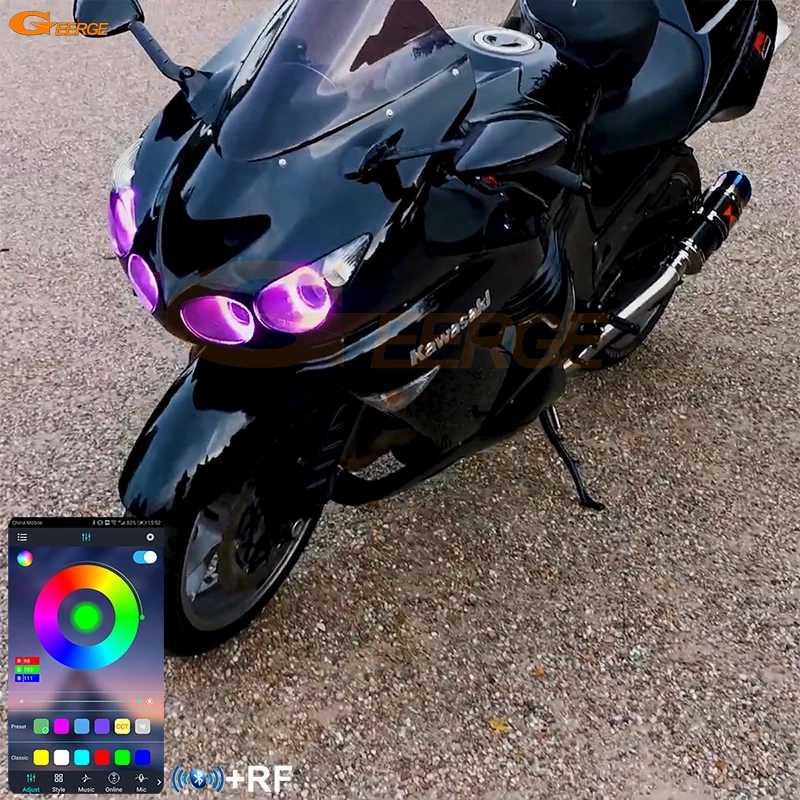 For Kawasaki Ninja ZX14 Zx14r ZZR1400 2006 - 2018 Bluetooth-Compatible APP Multi-Color Ultra Bright RGB LED Angel Eyes Kit