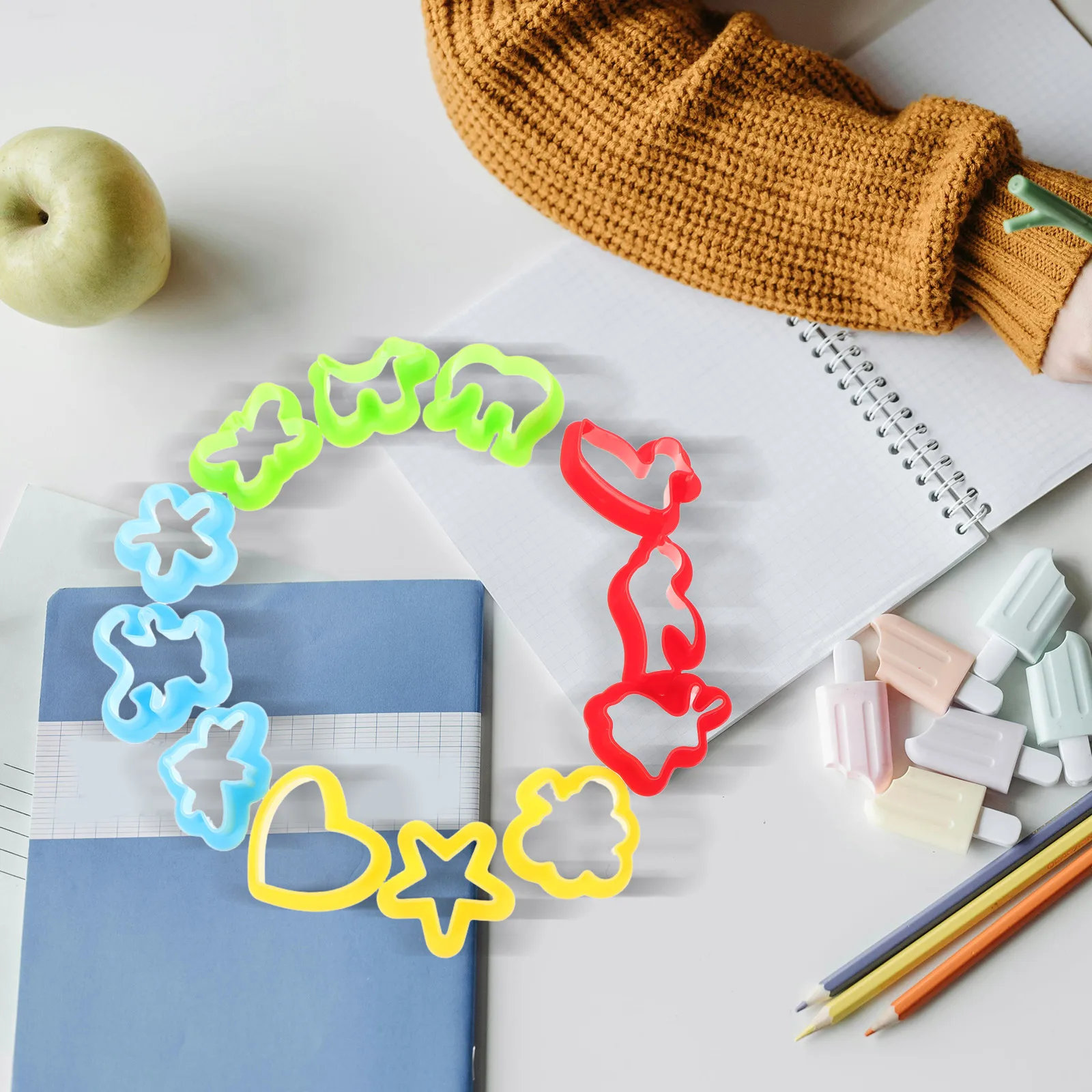 

12pcs Colored Molds Kids Earrings Cake Baking Plastic Biscuit Tool Puzzle Diy Model Clay Rubber Embossing Clay Set