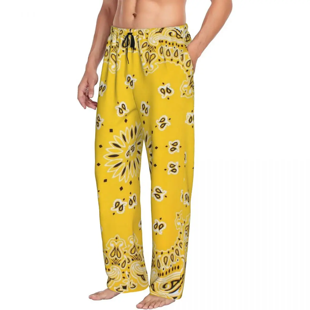 Custom Yellow Paisley Print Men Pajama Pants Lounge Sleep Sleepwear Bottoms with Pockets