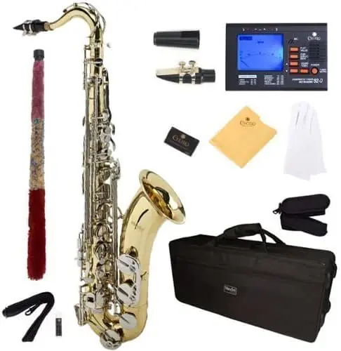 by Cecilio Tenor Saxophone, LN+92D B Flat, Case, Tuner, Mouthpiece, Gold with Nickel Keys