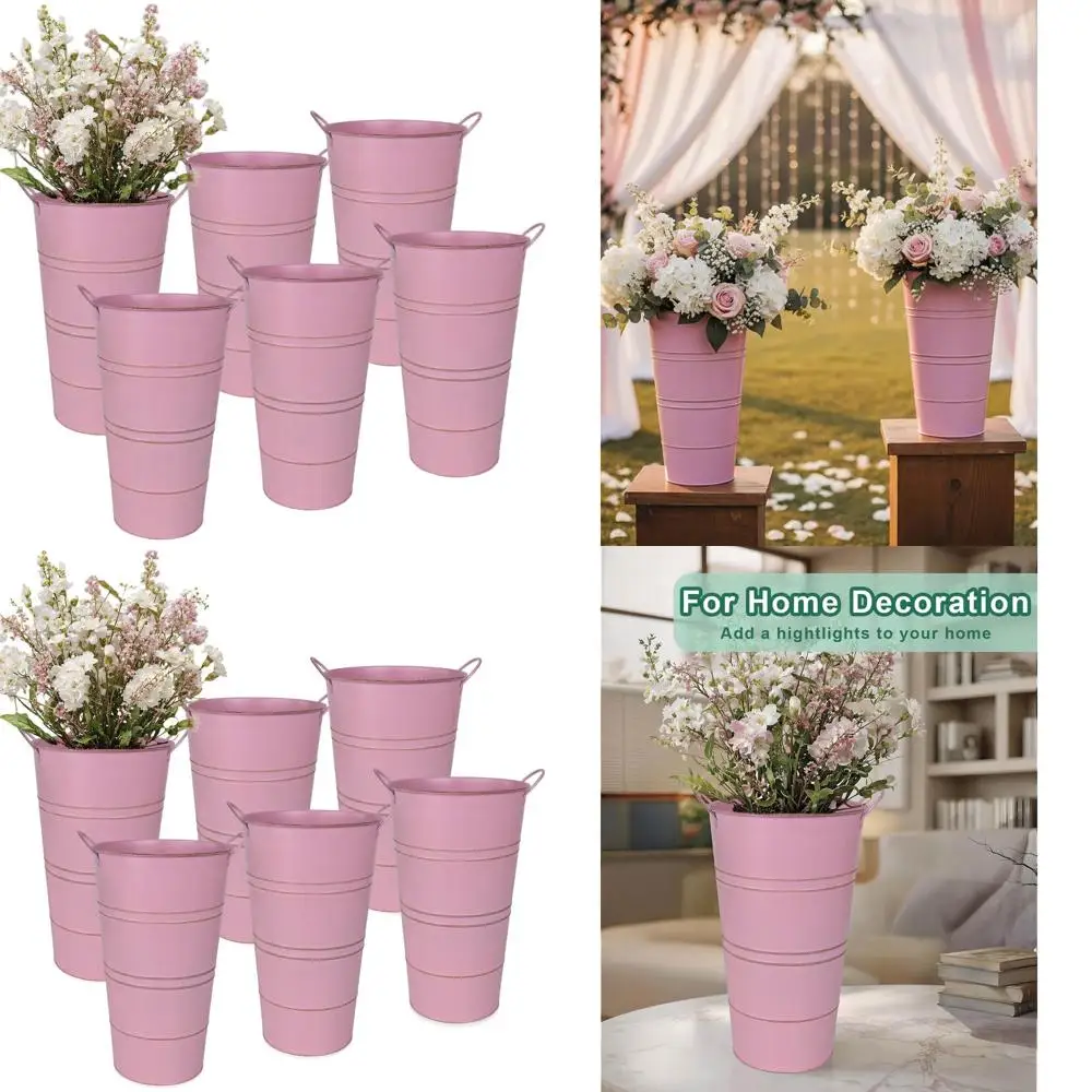 

Набор из 6 высоких ваз для цветов в деревенском стиле в фермерском доме с ручками, оцинкованные металлические ведра для свадьбы и декора, розовый