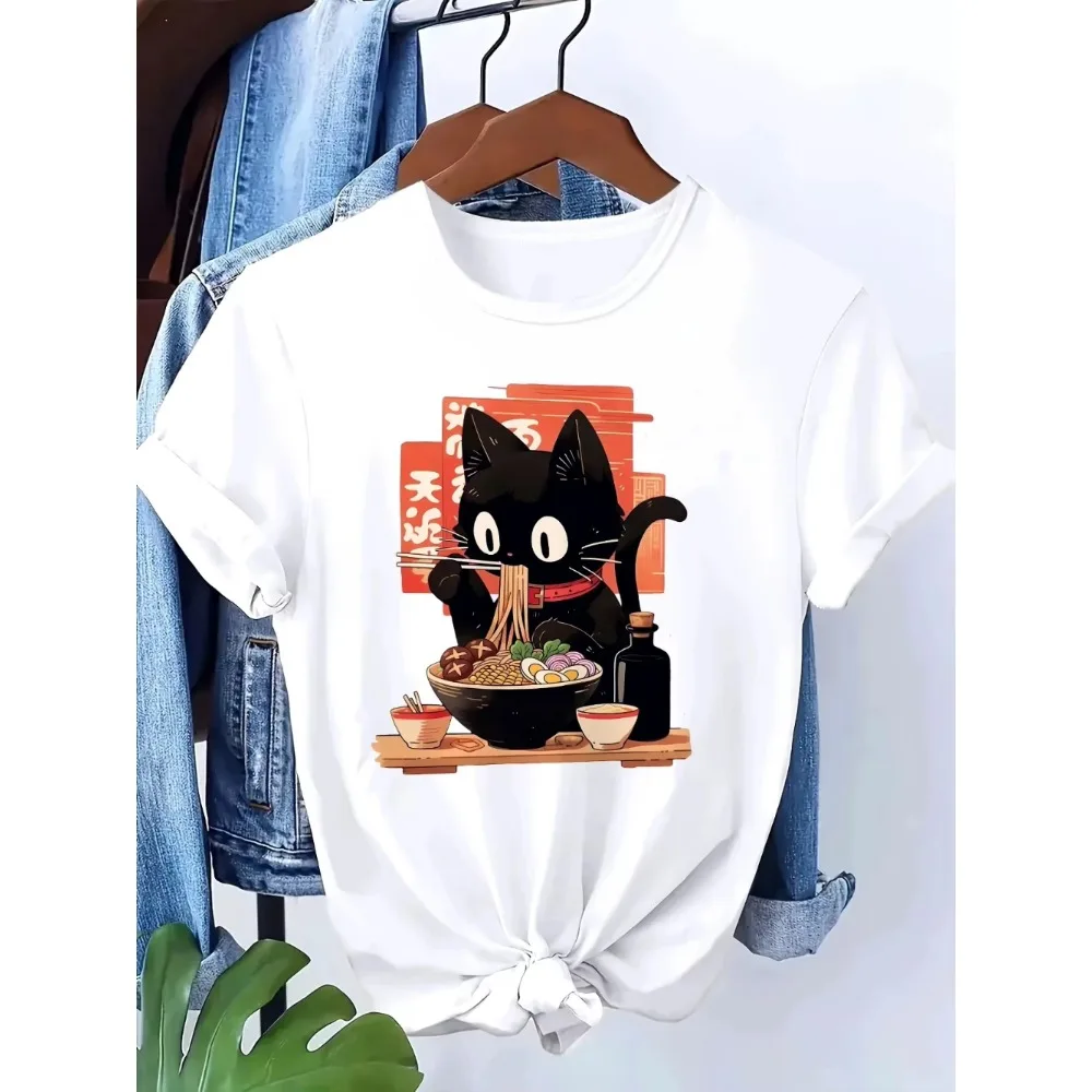Kawaii Japanese Black Cat Eating Ramen Graphic T Shirt Cotton Men Women Summer Short Sleeve Casual Anime Foodie Harajuku Tee Top