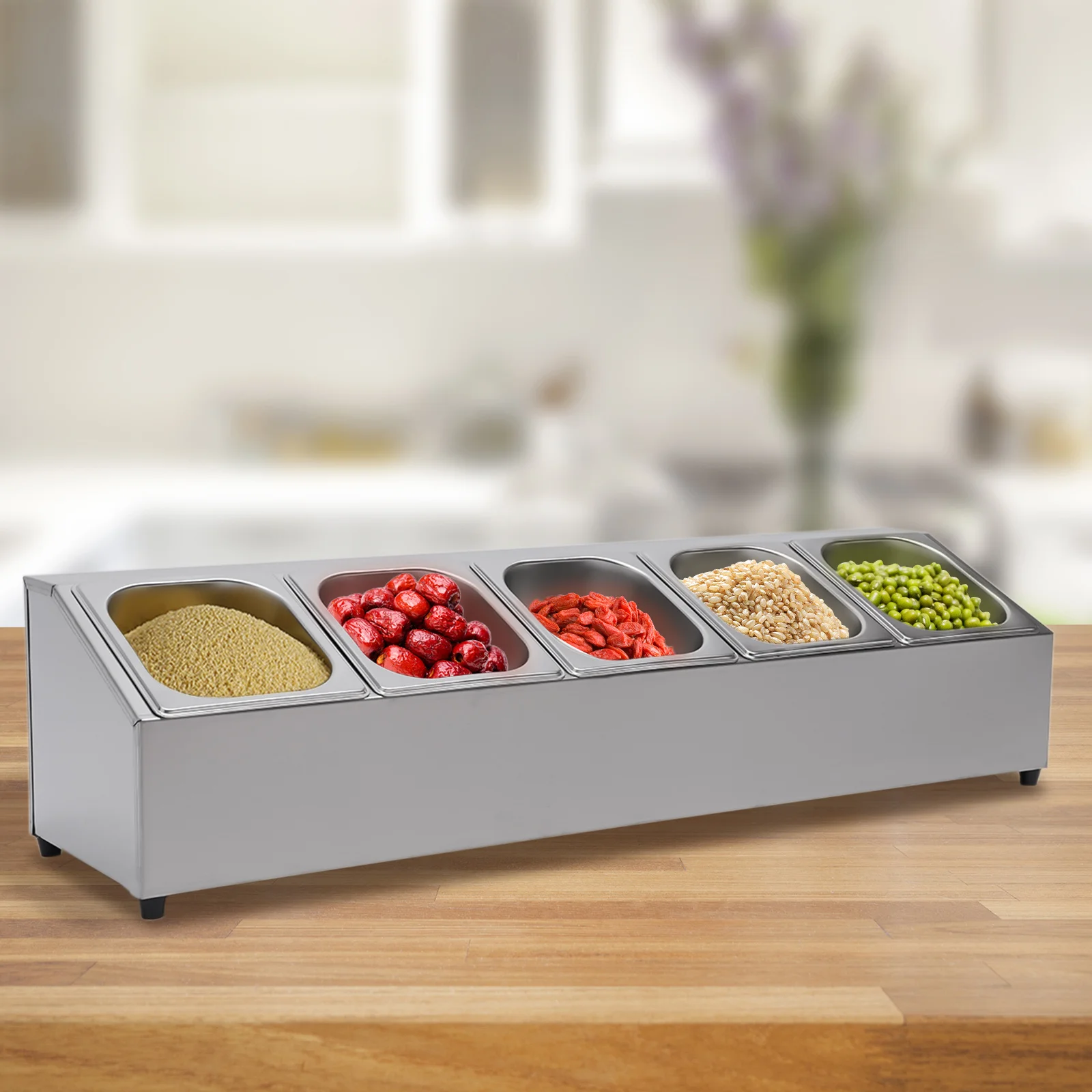 

Spice Rack Shelf, One Row, Stainless Steel Organizer Stand with Five 1/ 6 Pans,