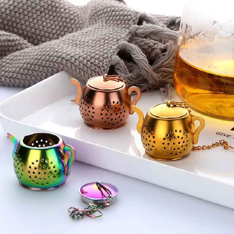 Teapot Shape Tea Strainer,Stainless Steel Loose Tea Infuser With Chain,Herbal Spice Filter Diffuser Teaware Kitchen Gadget