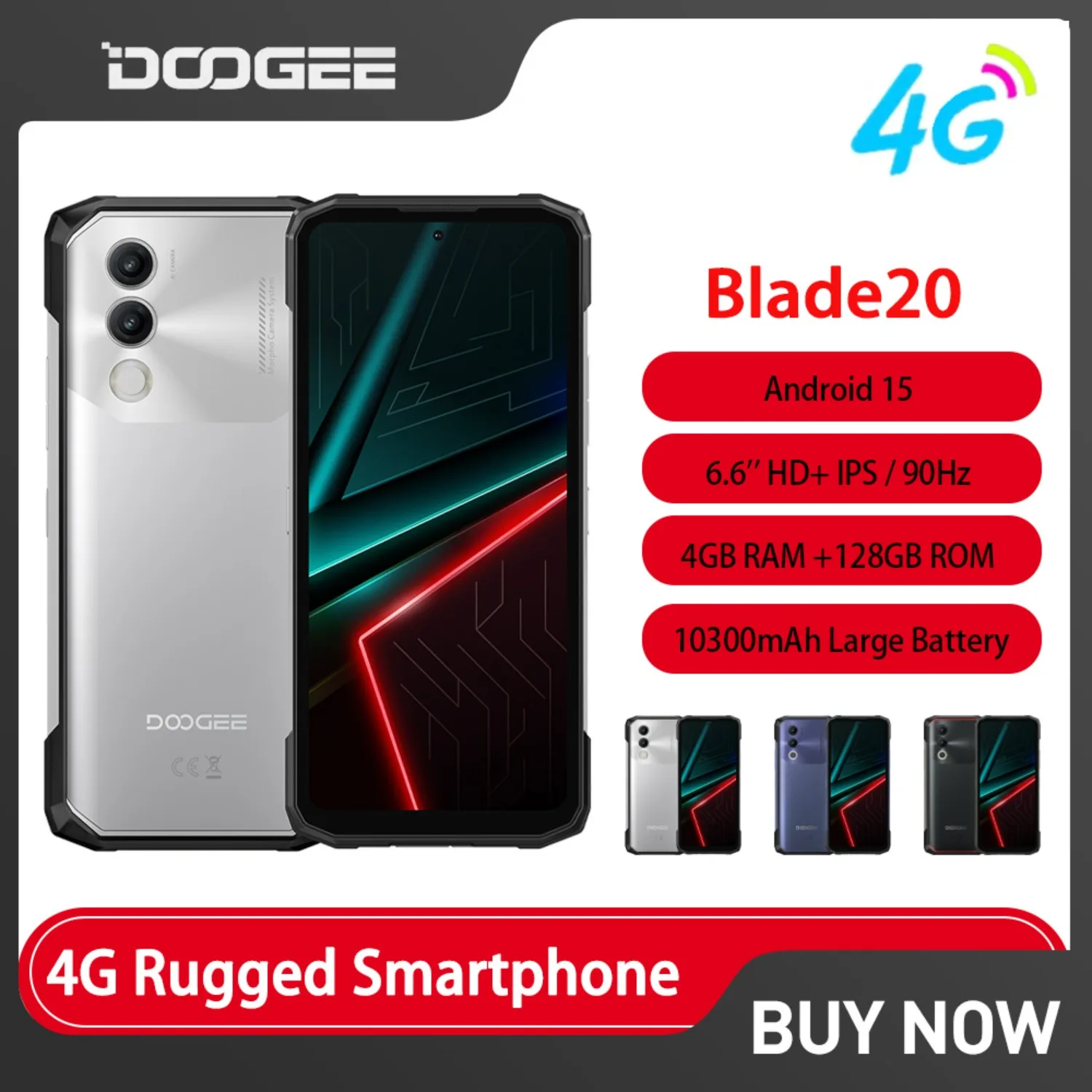 DOOGEE Blade20 Rugged Smartphone IP68/IP69K Global Edition Mobile Phone Android 15 4GB 128GB Gemini AI 10300mAh 6.6'' HD+Display
