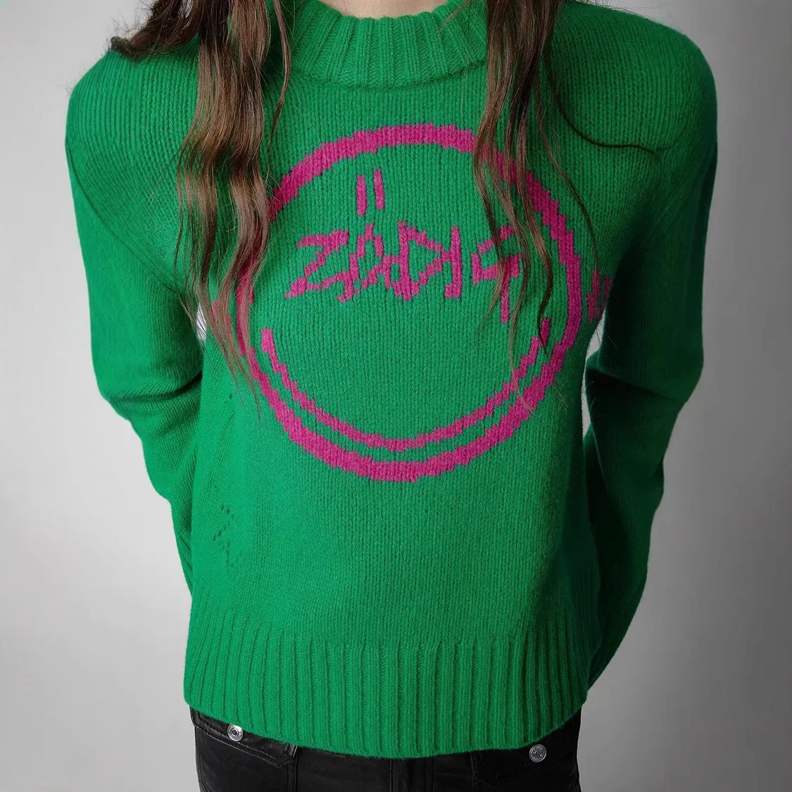 الخريف والشتاء جديد الفرنسية المتخصصة وجه مبتسم رسالة معلقة الصوف الأخضر 100% الصوف محبوك سترة المرأة سترة