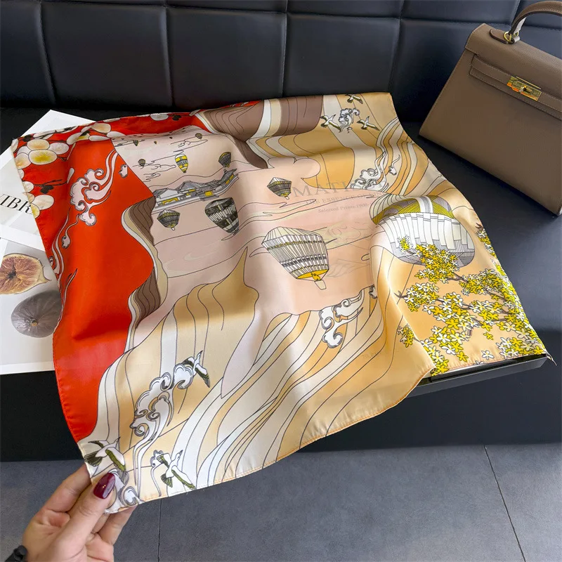 Hot Air Balloon Print Square Silk Scarf for Women Fashion Hijab Hair Bands 70cm Neckerchief Female Satin Shawl Ribbon Headband