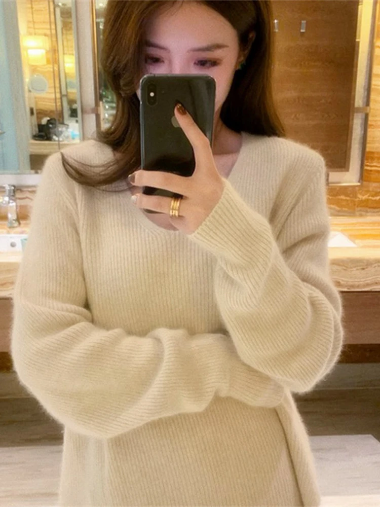 Suéter Rojo ueso para Mujer, Estilo Nuevo de Otoño Invierno, Único, Hoado, Informal, con Cuello en V, Manga Larga, Tejido...