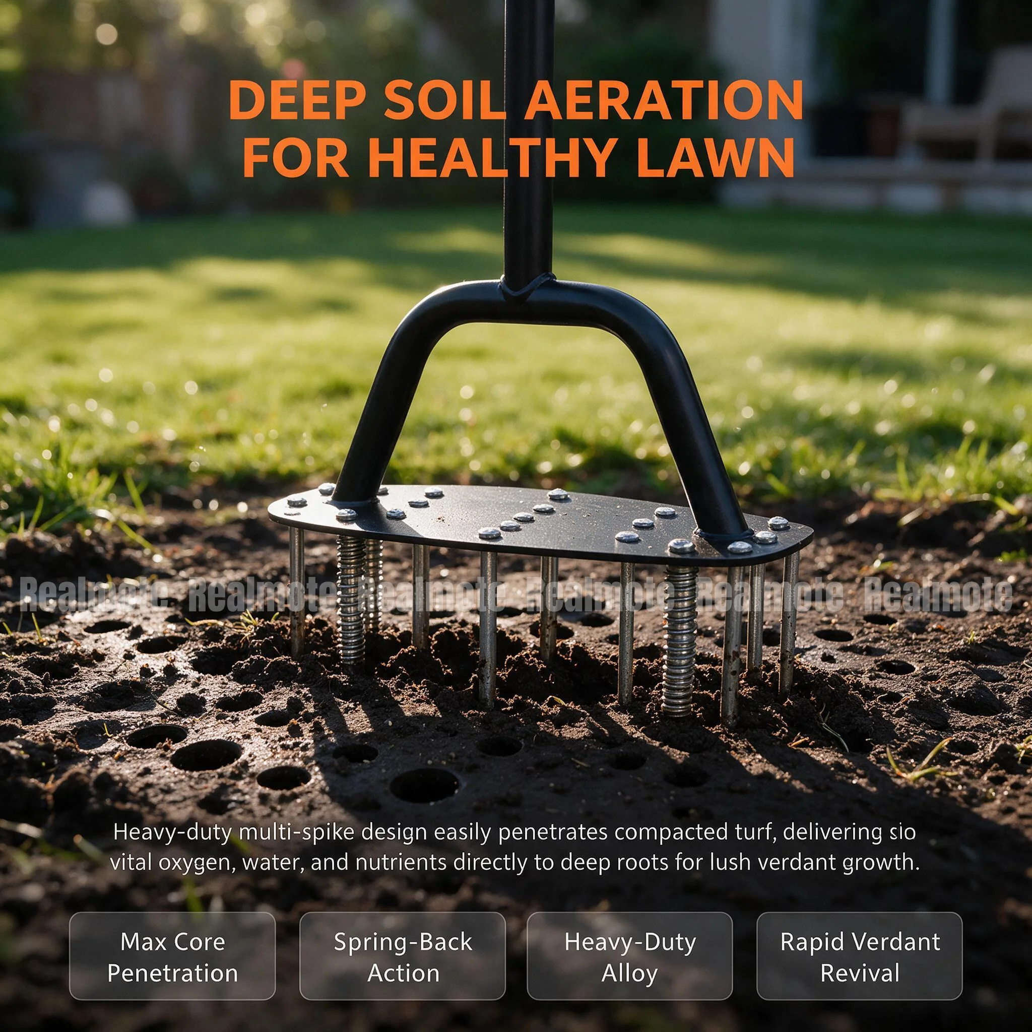 Manual Lawn Aerator Tool 17 Iron Spikes Ergonomic T-Handle Automatic Dirt Clean Soil Loosening Yard Aeration Metal Grass Aerator