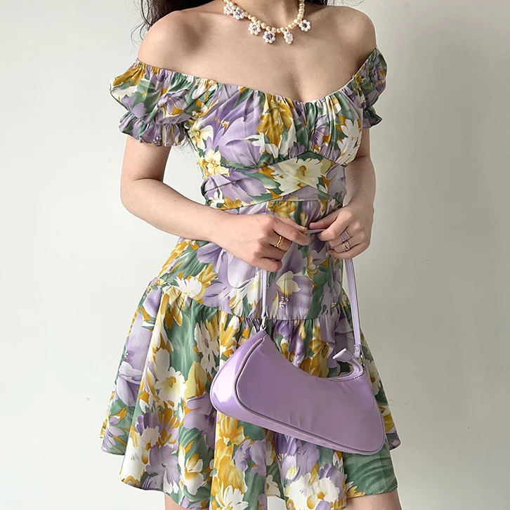 

Large Size Women's French Retro Summer Oil Painting Flower Bubble Sleeve Short Sleeve Dress Back Strap Short Skirt
