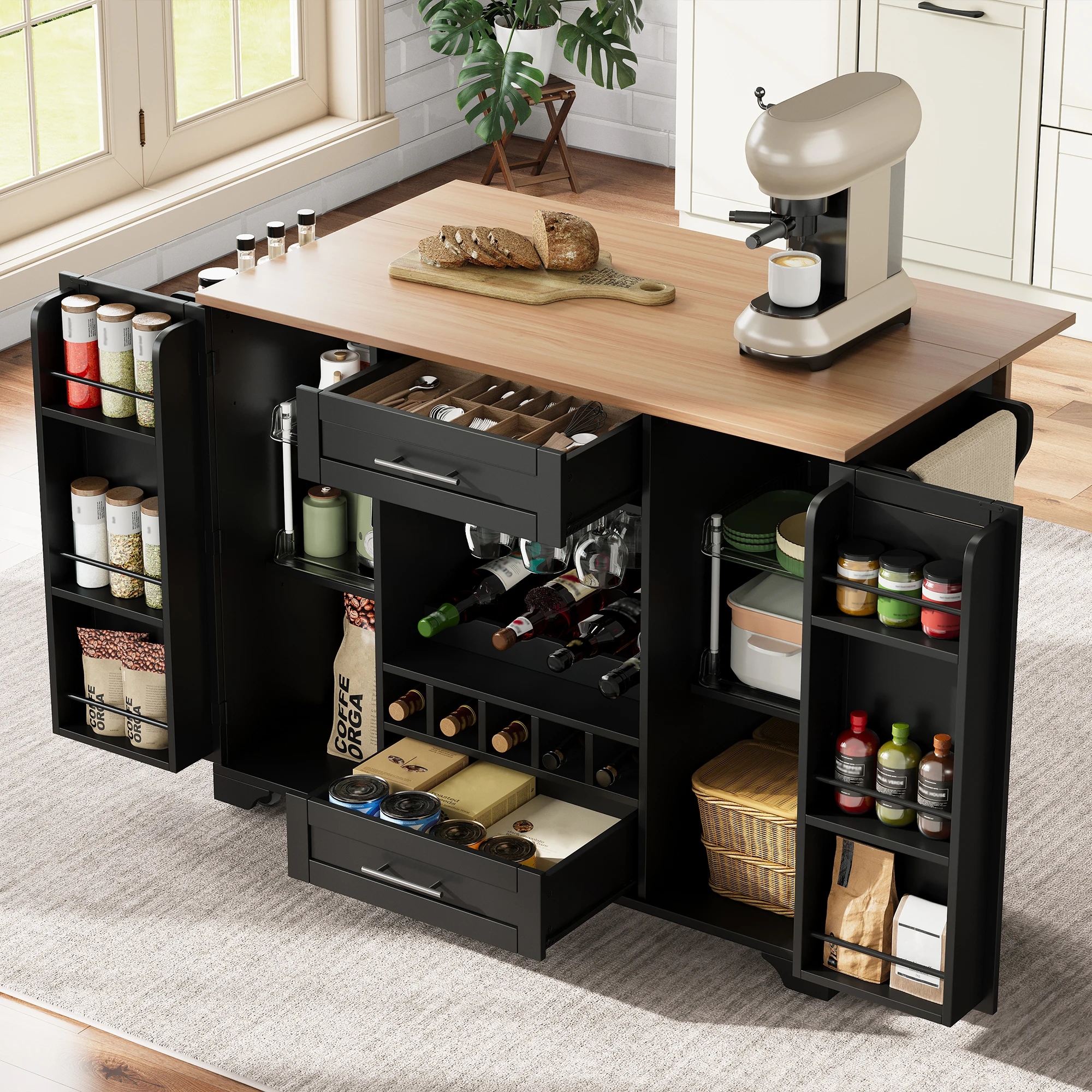 Chariot de cuisine avec plan de travail pliable, îlot de cuisine roulant avec casier à vin, support à verres, étagère à épices et barre à serviettes, chariot de service multifonctionnel noir avec rangement