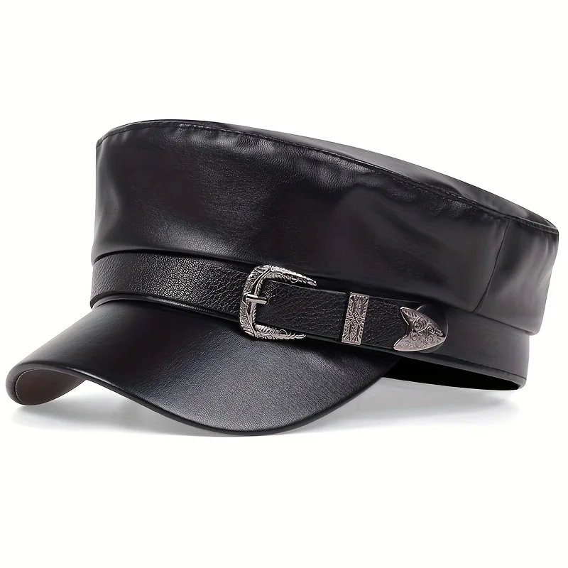 Women Large Belt Buckle Leather Hat Spring Autumn Sailor Hats Black Ladies Beret Cap Men Flat Top Captain Military Caps