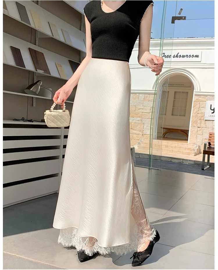 2026 Sommer Herbst Neuer Schlanker Hochwertiger Modischer Halbrock Eleganter Spitzenbesatz Satin Seitenschlitz Damen Midi-Rock – Detail 6