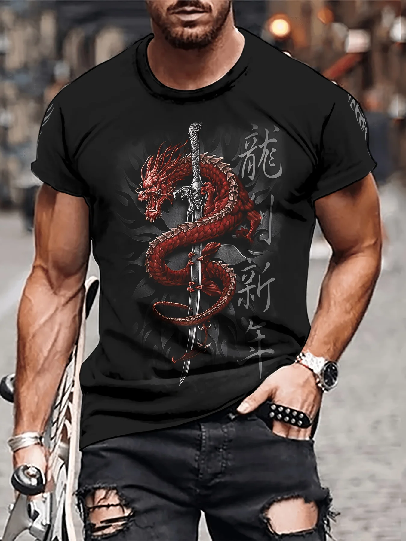 

Hasner Men's 3D Dragon T-Shirt - Black Casual Crew Neck Top Red Gold Dragon Print Machine Washable Suitable for Daily Wear