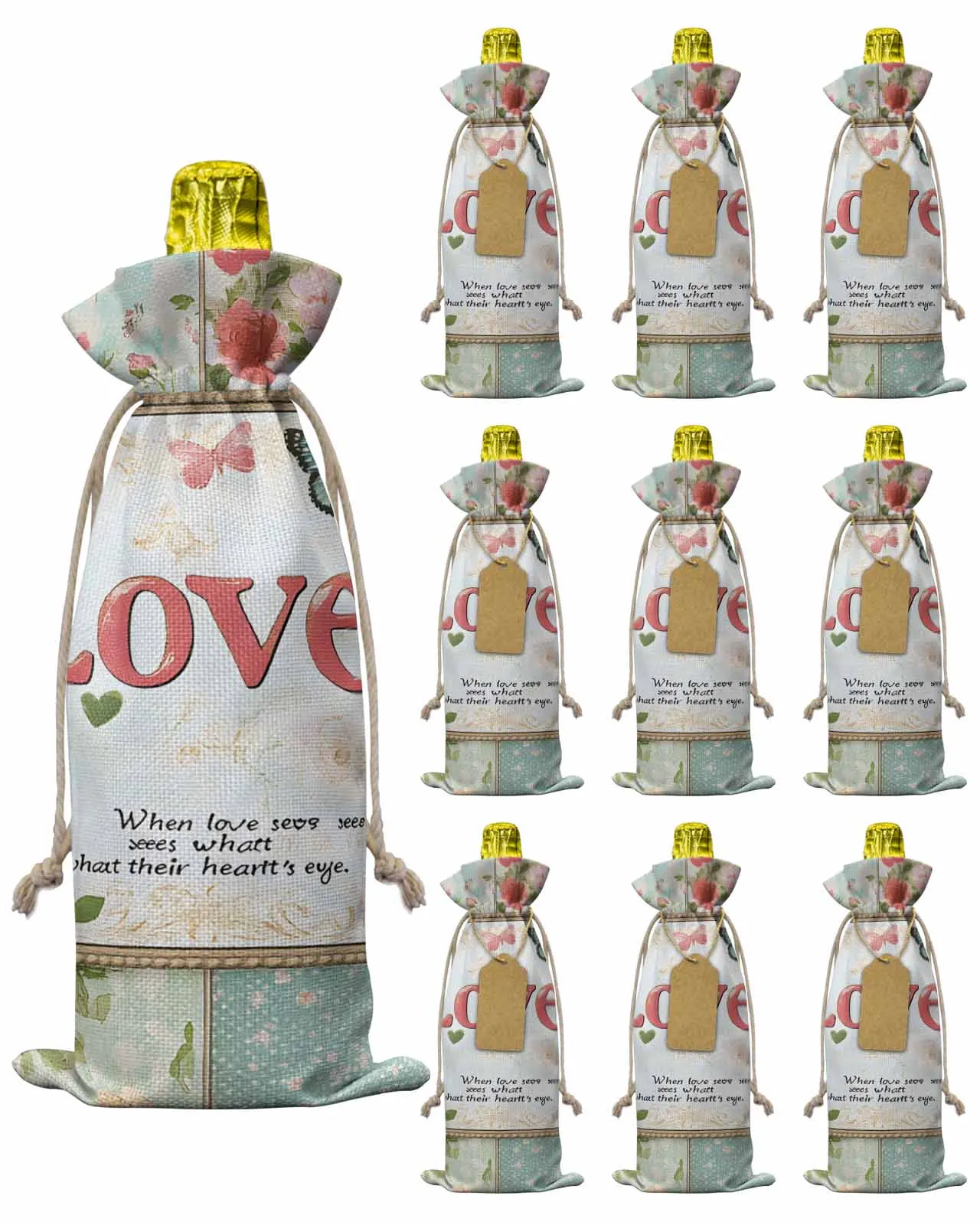 

10pcs Wine Bottle Covers Floral Background LOVE Cover Wine Holder Carrier Packaging Bag Wedding Party Decor Gift