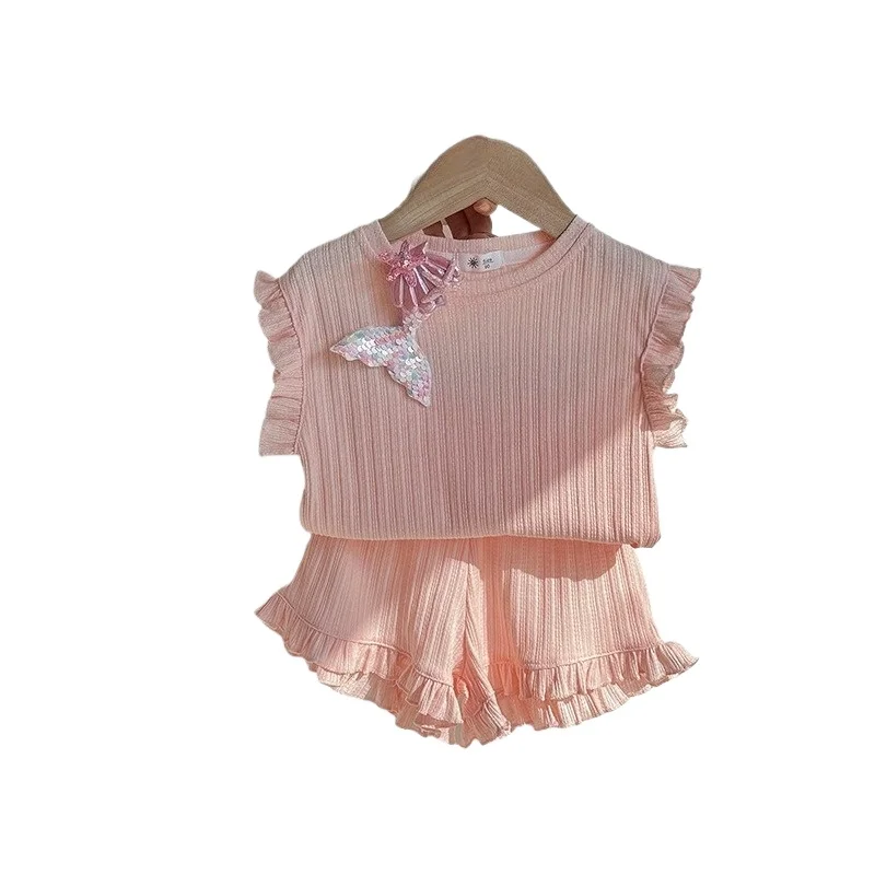 

Girls Summer Suit Sleeveless Vest Shorts Two-piece Set Jacquard Breathable Princess Style