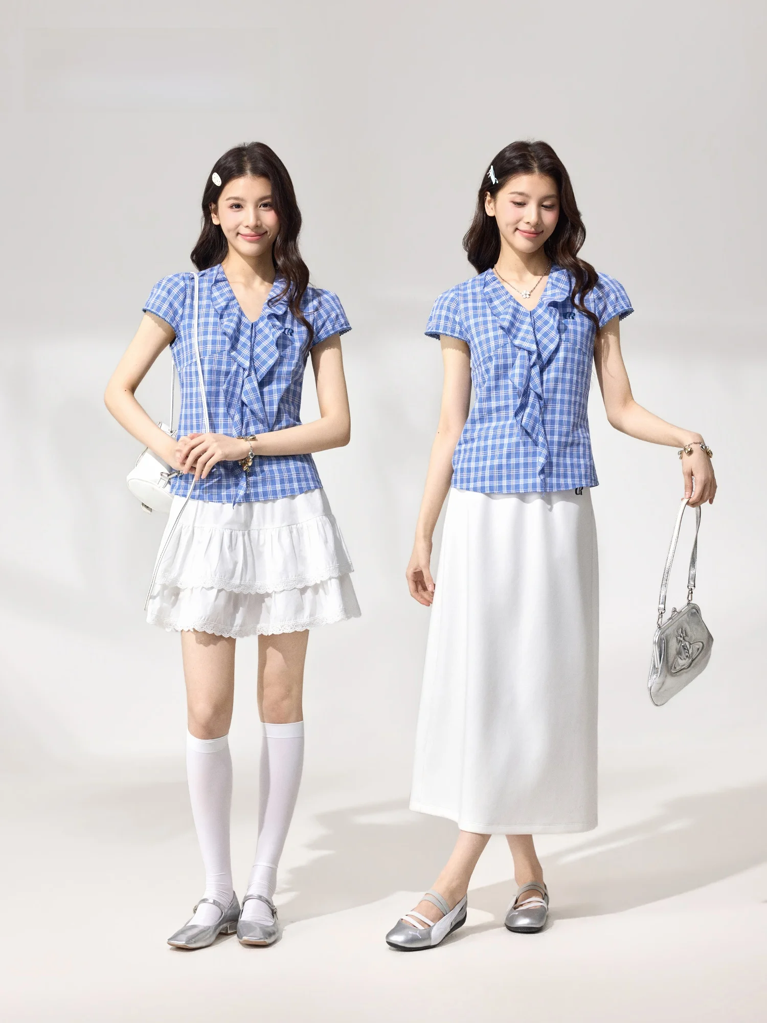 

Синяя клетчатая футболка с узлом, женская летняя приталенная футболка с коротким рукавом, дышащий хлопковый топ с V-образным вырезом