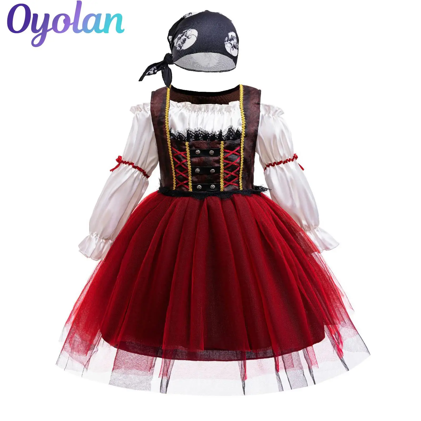 

Girls Pirate Princess Dress Floral Lace and Braided Trimmings Mesh Tutu Dress with Headband Halloween Cosplay Party Costume