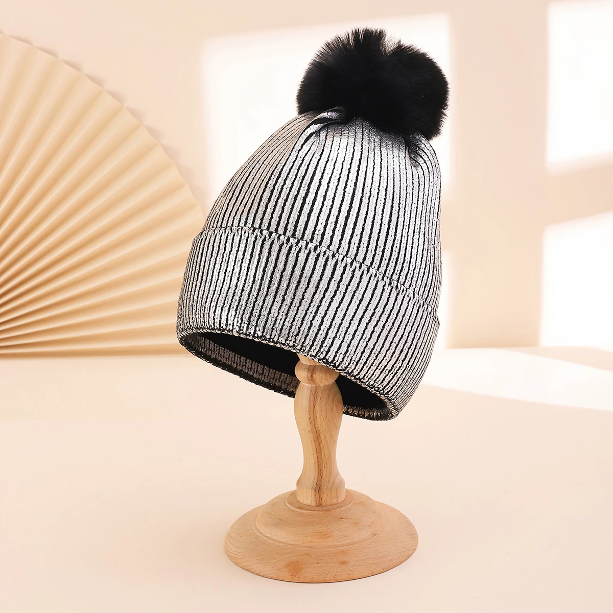 Street party style gold-stamped vertical stripe fringed pompom knitted hat for autumn-winter daily use and music festival